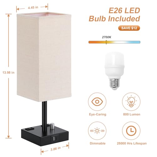 Bedside Table Lamps Set of 2 for Bedroom - Dimmable, USB C+A, 2 AC Outlets | Stepless Dimmable by Rotary Knob, 3000K LED Bulbs Included, Square Beige Linen Shade, Nightstand Lamp for Living Room, Desk - color: Beige