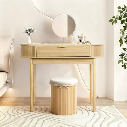 Fluted Small Computer Desk with Drawer, 40 Inch Mid-Century Modern Writing Desk with Solid Wood Legs,Compact Study Table for Small Spaces, Home Office, Bedroom,Natural - color: Natural