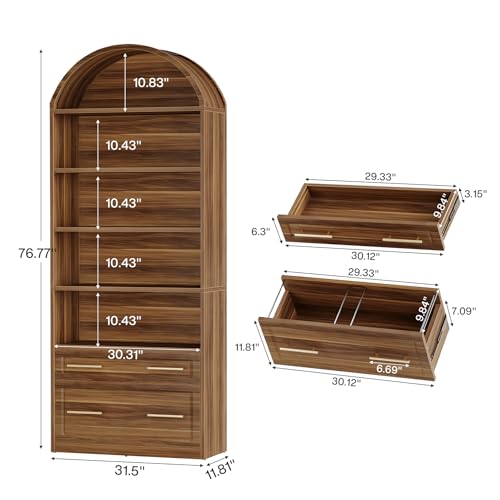 Tribesigns 76.8" Tall Arched Bookcase with File Cabinet Drawer, Brown - color: Walnut Brown