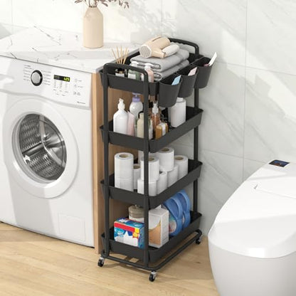4-Tier Plastic Rolling Storage Cart Utility Cart with Extra Hanging Cups Handles Lockable Wheels for Living Room Bathroom Kitchen Office Black | Utility Cart with Extra Hanging Cups Arc-Shaped Handles Lockable Wheels for Living Room Bathroom Kitchen Offic