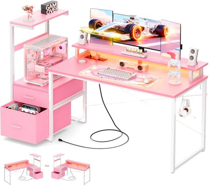 Aheaplus Gaming Desk with LED Strip & Power Outlet, 59Inch Reversible Computer Desk with Monitor Stand & Storage Shelves, Home Office Desks with Fabric File Drawer, Gamer Table PC Desk, Pink - color: Pink