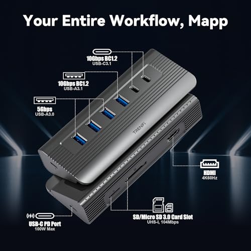 TRENFI 10-in-1 USB-C Hub with HDMI and Dual Card Readers (Grey) - color: Grey