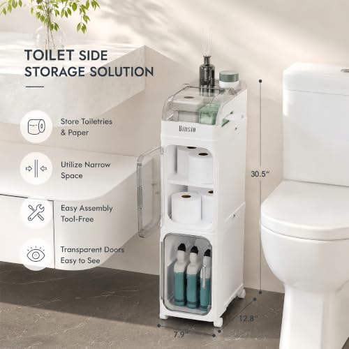 BINSIO 3-Tier Slim Bathroom Storage Cabinet, Rolling Toilet Paper Storage Cabinet with Clear Doors, Narrow Toilet Side Organizer for Small Bathrooms, Rolls, Wipes, Cleaners and Bathroom Essentials - size: 3 Tiers