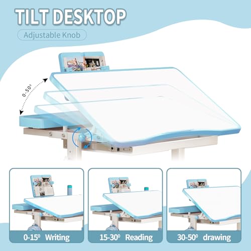 Kids Adjustable Desk and Chair Set 3-12, Children School Study Desk-11BLUE | Height Adjustable | 50° Tilt Desktop | Book Stand & Metal Hook & Storage Drawer | Writing Drawing Table for Boys and Girls - color: 110-blue-27.5in