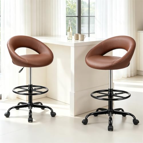 Rolling Bar Stool with Back & Footrest, Office Drafting Chair | PU Leather Chair with Wheels, Swivel Tall Counter Height Stool for Kitchen Island Salon Vanity Standing Desk, Brown, 2 Pack - color: Brown, size: 2 Pack