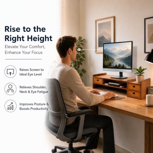 Bamboo Desk Monitor Stand with Drawer Wooden Computer Stand for Desk Monitor Riser with Storage for Laptop, PC Screen, TV, Printer, 3 Drawers + Hidden Keyboard Space