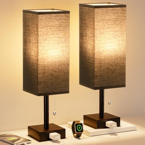 Bedside Lamp for Bedroom Set of 2 - Black Table Lamp for Nightstand | AC Outlet, 3 Color Temperatures, LED Bulb Included, Pull Chain Design, 14" Rectangular Desk Lamp for Dorm/Office, 2-Pack - color: Black, size: 14.3In