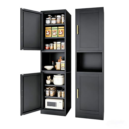 67" H Metal Tall Narrow Storage Cabinet, Freestanding Floor Cabinet with 2 Doors and Adjustable Shelves, Pantry Storage Cabinet for Bathroom, Living Room, Entryway and Kitchen (Black) - color: Black, size: 15.74"W