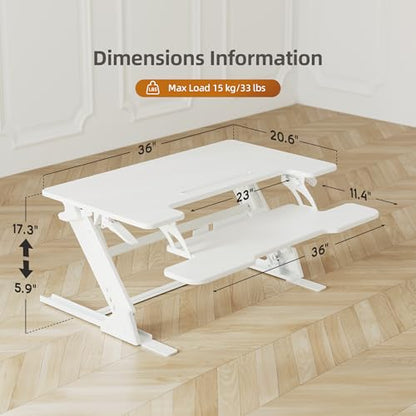 Claiks Standing Desk Converter 36In Height Adjustable Sit Stand Riser White | 5.9-17.3 inch height range, 33 lbs desktop capacity, ergonomic Z-lift structure, smooth pneumatic lift - color: White, size: 36 inch