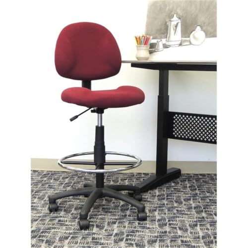 Scranton & Co Contoured Burgundy Fabric Drafting Stool, 20" Chrome Footring, Pneumatic Height 26.5"-31.5", Ergonomic Seat and Back, Tweed Upholstery, Black Nylon Base, Office or Studio Use