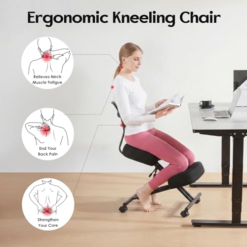 Kneeling Chair with Backrest Adjustable Linen Ergonomic Home Office Chair | Improve Posture Chair with Brake Rolling Wheels Thick Cushion Work Stool Back Pain Relief - color: Black-linen