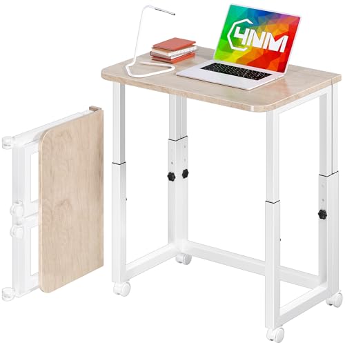 4NM No Tool Assembly 23.6" Small Desk, Folding Portable Desk with Wheels, Adjustable Height Foldable Computer Home Office Desks, Collapsible Study Writing Table for Space Saving Bedroom - Cloud Oak - color: Cloud Oak, size: 23.6"