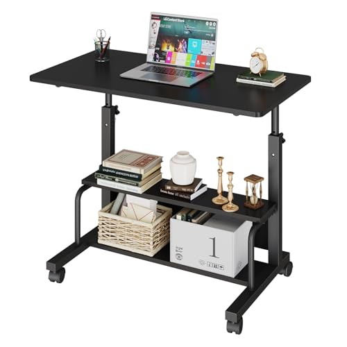 DUMOS Rolling Desk, Storage Shelves, Laptop Table, Home Office | Height Adjustable Design, Computer Desks on Wheels, Portable for Small Spaces Use, Black - color: Black, size: 32 in