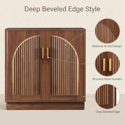31.5" Fluted Sideboard Cabinet with Arched Doors, Buffet Cabinet, Walnut - color: Walnut