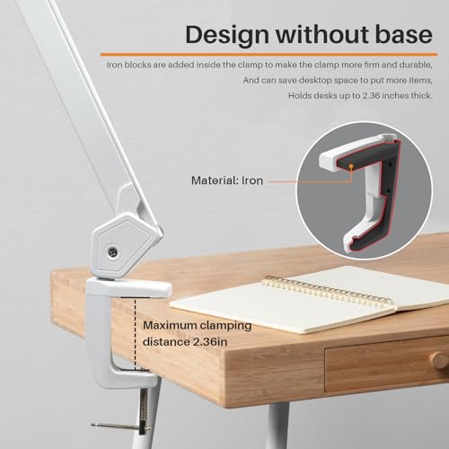 20-Inch LED Desk Lamp with Clamp, 24W 2200LM, Protected Arm, White | 117 SMD LEDs deliver eye-caring daylight illumination with 4 brightness levels and reinforced dual metal arms - size: WHITE-NonCCT-Protective