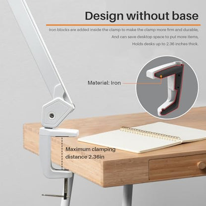 20-Inch LED Desk Lamp with Clamp, 24W 2200LM, Protected Arm, White | 117 SMD LEDs deliver eye-caring daylight illumination with 4 brightness levels and reinforced dual metal arms - size: WHITE-NonCCT-Protective