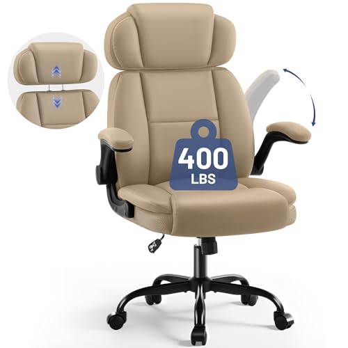 Ergonomic Office Chair with Lumbar Support, 400lbs Heavy Duty Big and Tall Executive Desk Chair, PU Leather High Back Computer Chair with Flip-Up Arms & Adjustable Headrest, Khaki - color: Khaki, size: Adjustable Headrest Office Chair