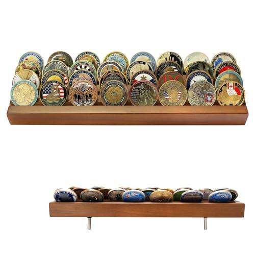 ASmileIndeep Military Challenge Coins Display Holder Solid Wood,Challenge Coin Stand , 4 Row Military Coin Holder Rack for Desk,Challenge Coin Display Case for Collectors (Walnut Finish) - color: Walnut, size: Large
