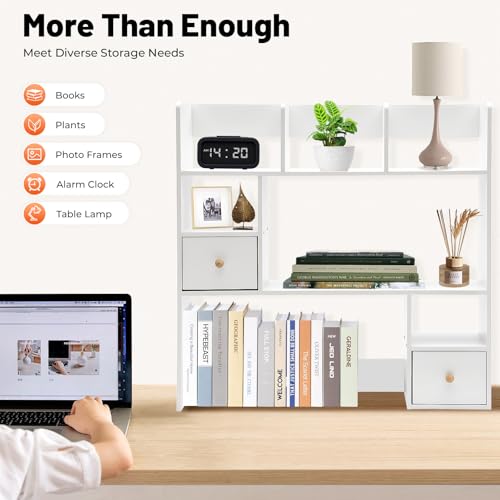 Desktop Bookshelf, 31.5" Tall Countertop Storage Hutch with 7 Compartment and 2 Drawer, Desk 3-Tier Display Rack, Multipurpose Wood Desktop Hutch Storage Organizer for Dorm Office Home (White)
