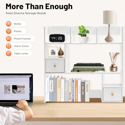 Desktop Bookshelf, 31.5" Tall Countertop Storage Hutch with 7 Compartment and 2 Drawer, Desk 3-Tier Display Rack, Multipurpose Wood Desktop Hutch Storage Organizer for Dorm Office Home (White)