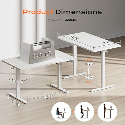 Huuger 48 x 28 Large Electric Standing Desk, Height Adjustable Desk, 27.6" Deep Desktop, Stand up Gaming, 2 Hooks, 3 Preset Heights, for Home Office, White - color: White, size: 48*28 inch (no outlets)
