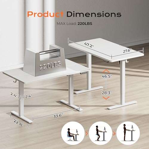 Huuger 48 x 28 Large Electric Standing Desk, Height Adjustable Desk, 27.6" Deep Desktop, Stand up Gaming, 2 Hooks, 3 Preset Heights, for Home Office, White - color: White, size: 48*28 inch (no outlets)
