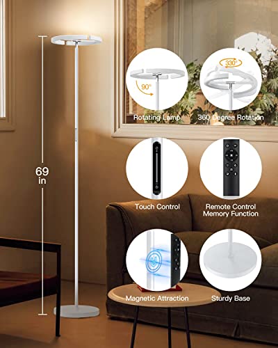 White Floor Lamp, Modern Stepless Dimmable Standing Lamp 3000-6000K, 20W LED Rotatable Reading Tall Lamp, Touch & Remote Control Uplighter Floor Lamps for Living Room Bedroom Office - color: White