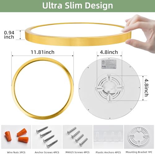 hykolity 12 Inch Selectable CCT LED Round Flat Panel Light,2 Pack | 24W 3000K/4000K/5000K, Edge-Lit Flush Mount Ceiling Light Fixture for Kitchen, Bedroom, Laundry and Closet Room,Gold - color: Gold, size: 12 inch