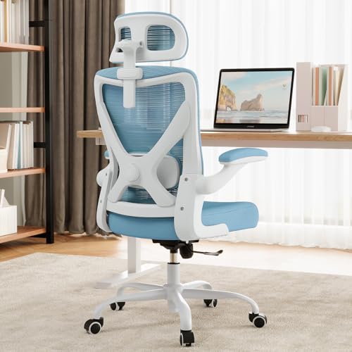 Ergonomic Office Chair: Mesh Desk Chair Comfy with Headrest& Lumbar Support | Ergalithic Big and Tall Office Chairs with Wheels & Flip-Up Arms-Computer Gaming Chairs for Adults Home Office Chairs(Blue) - color: Sky Blue, size: Pack of 1