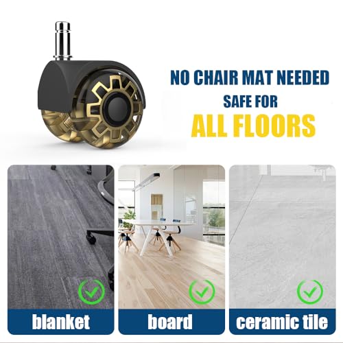 Minewill 2" Office Chair Wheels - Protection for Hardwood Floors and Carpet | Heavy Duty 2000 LBS, 360° Silent Smooth, Standard Stem 7/16″* 7/8″(11mm*22mm),Office Furniture Casters Set of 5(Gold) - color: Gold