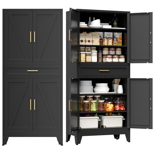 COFaR 71" Tall Metal Storage Cabinet with 4 Doors and 4 Adjustable Shelves, 6-Tier Farmhouse Storage Cabinet with Drawers and Legs, for Office, Home, Garage, Gym, School, Living Room, Hallway（Black） - color: Black, size: 71" Farmhouse 4 Doors & Drawer