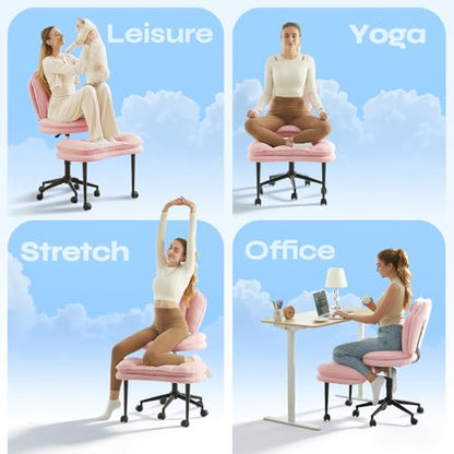 ADHD Cross Legged Office Chair, Swivel Kneeling Meditation Seat | 360° swivel cross-legged chair with reversible seat for ADHD & meditation; adjustable height/depth, plush teddy - color: Pink