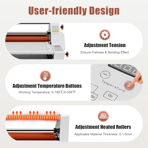 V350 Hot Cold Roll Laminator, 350mm Commercial Office Presentation Laminators Single Dual Side Thermal Laminating Machine for Paper Card Wood Veneer PVC Foil, Digital Display, Safety Protection