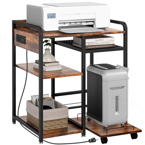 3-Tier Printer Stand with Storage Shelf and Power Outlet for Home Office - color: Brown
