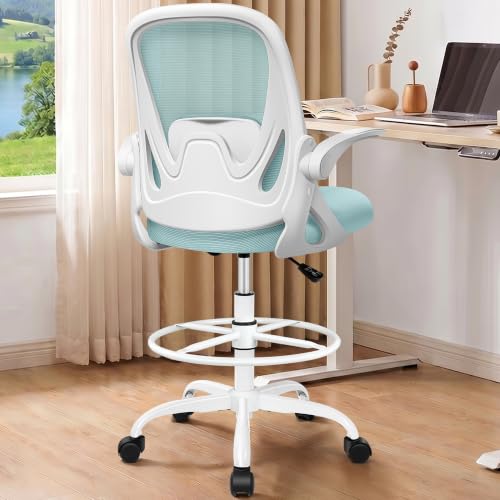 Drafting Chair Tall Office Chair with Flip-up Armrests, Adjustable Height, and Enhanced Lumbar Support - Ergonomic Rolling Stool, Back Support, and Adjustable Foot Rest Ring Light Blue - color: Light Blue, size: 934W-Z