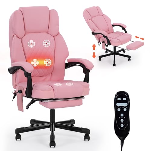 Massage Office Chair with Heat 6 Vibration Points,High Back & Heat, Executive Desk Chair,Big and Tall Office Chair 400lbs, Comfortable Ergonomic Reclining Managerial Chair, PU Leather Pink