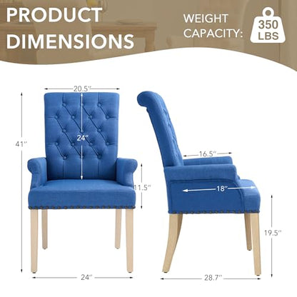 LOULENS Linen Dining Chair with Arms, Tufted Dining Room Chairs, Dark Blue | Solid Wood Legs, Nailhead Trim, Accent Chair, Kitchen Chair - color: Dark Blue, size: 1 PCS