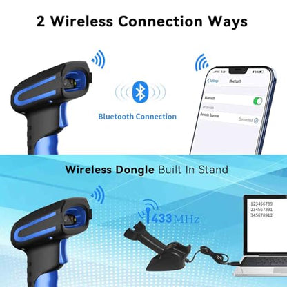 Upgraded 2D Industrial Barcode Scanner with Wireless Charging Stand, 1968 Feet Transmission Distance 433Mhz Wireless & Bluetooth 2in1 Barcode Reader, Shock Dust Proof Hands Free, Blue - color: Blue-2D