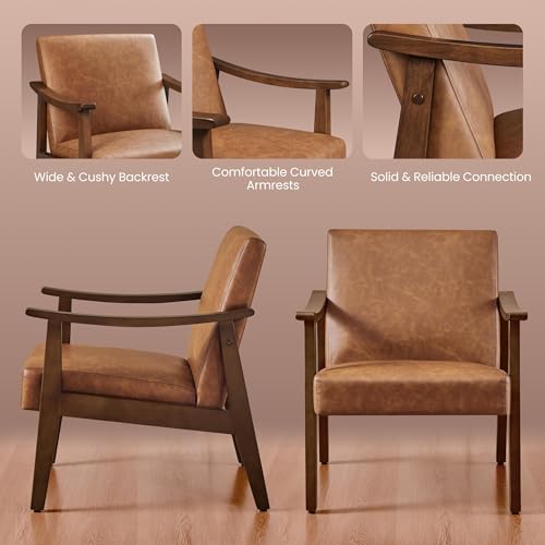 Yaheetech Accent Chairs Set of 2, Mid-Century Faux Leather Armchairs Brown - color: Brown
