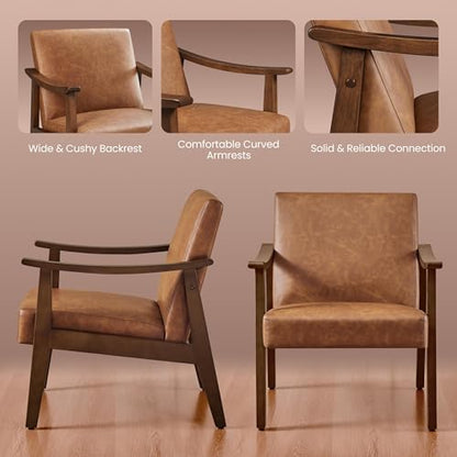 Yaheetech Accent Chairs Set of 2, Mid-Century Faux Leather Armchairs Brown - color: Brown