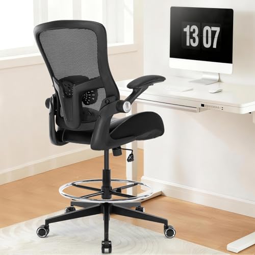 Drafting Chair, Tall Office Chair with PU Leather Seat, Standing Desk Chair Counter Height Office Chairs with 21.65'' Footrest Ring and Adjustable Lumbar Support Armrests Black