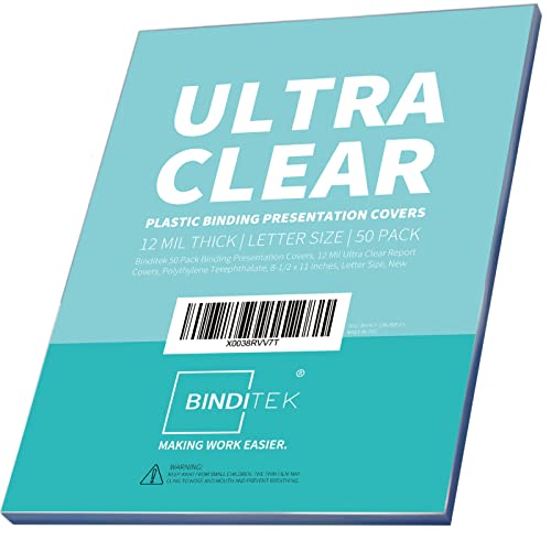 Binditek 12 Mil PET Binding Covers, 8.5 x 11 Inches, Ultra Clear, 50 Pack | Plastic PET Binding Covers, Letter Size, Ultra Clear, Square Corners, Unpunched, Ideal for Business Reports and Proposals - size: 12 Mil, style: Ultra Clear , 50P