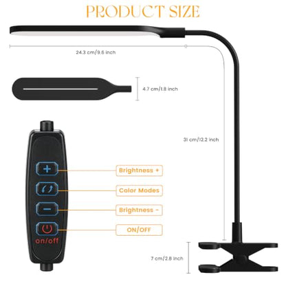 LED Clip on Light, 3 Color Modes & 10 Brightness Levels, 360° Flexible Gooseneck Clamp Lamp, Ultra Wide Brightness Range, USB Eye-Caring Table Light for Home Office/Reading/Painting, Black - style: Desk Lamp