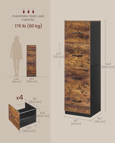 VASAGLE 4 Drawer File Cabinet with Locks, for A4, Letter Sized Documents - color: Rustic Brown + Black, size: 4 Drawers