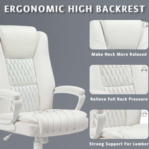 LEMBERI High Back PU Leather Executive Office Chair, Adjustable Swivel Computer Desk Chair with Padded Armrests for Home Office, White - color: White