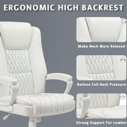 LEMBERI High Back PU Leather Executive Office Chair, Adjustable Swivel Computer Desk Chair with Padded Armrests for Home Office, White - color: White