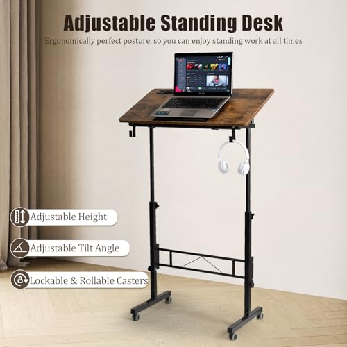 Hadulcet Small Standing Desk Height Adjustable with Tiltable Tabletop - color: Rustic Brown, size: 31.5" with Charging