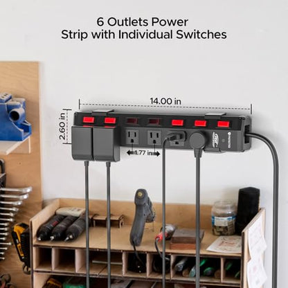 CRST 6-Outlet Metal Power Strip with Individual Switches, 15A/1875W, 10FT - color: Black, size: 10FT