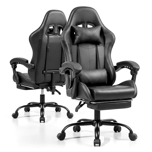 Gaming Chair with Footrest and Lumbar Support, Height Adjustable Chair with 360°Office Desk Chair,Heavy Duty 330lbs Computer Chair for Adults - color: Black