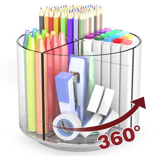 Pencil Holder for Kids, 360 Rotating Pen Holder for Desk Organizer and Storage, 4 Compartments Art Supply Marker Organizer, Pen Organizer Pencil Holder - color: Clear - Medium - Single - No Handle